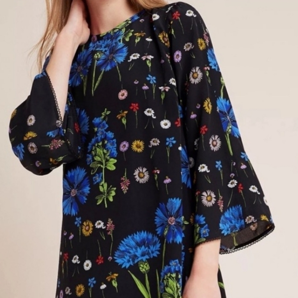 Anthropologie Maeve Silk Lucinda Black Wildflower Tunic Dress M